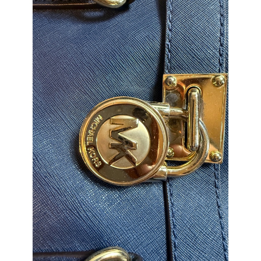 Michael Kors Hamilton Satchel Navy Blue Saffiano Leather Gold Padlock Handbag - Picture 4 of 11